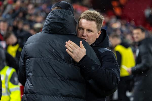 LIVERPOOL, ENGLAND - Monday, January 1, 2024: Newcastle United's manager Eddie Howe (R) and Liverpool's manager Jürgen Klopp during the FA Premier League match between Liverpool FC and Newcastle United FC on New Year's Day at Anfield. Liverpool won 4-2. (Photo by David Rawcliffe/Propaganda)
