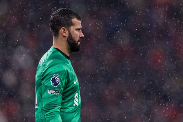  Liverpool's goalkeeper Alisson Becker during the FA Premier League match between Liverpool FC and Newcastle United FC on New Year's Day at Anfield. Liverpool won 4-2. (Photo by David Rawcliffe/Propaganda)