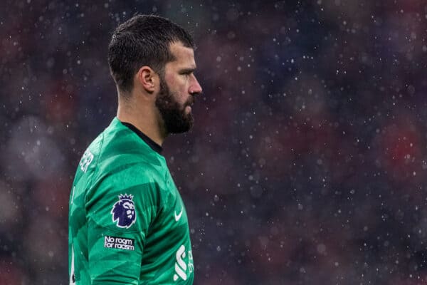 LIVERPOOL, ENGLAND - Monday, January 1, 2024: Liverpool's goalkeeper Alisson Becker during the FA Premier League match between Liverpool FC and Newcastle United FC on New Year's Day at Anfield. Liverpool won 4-2. (Photo by David Rawcliffe/Propaganda)