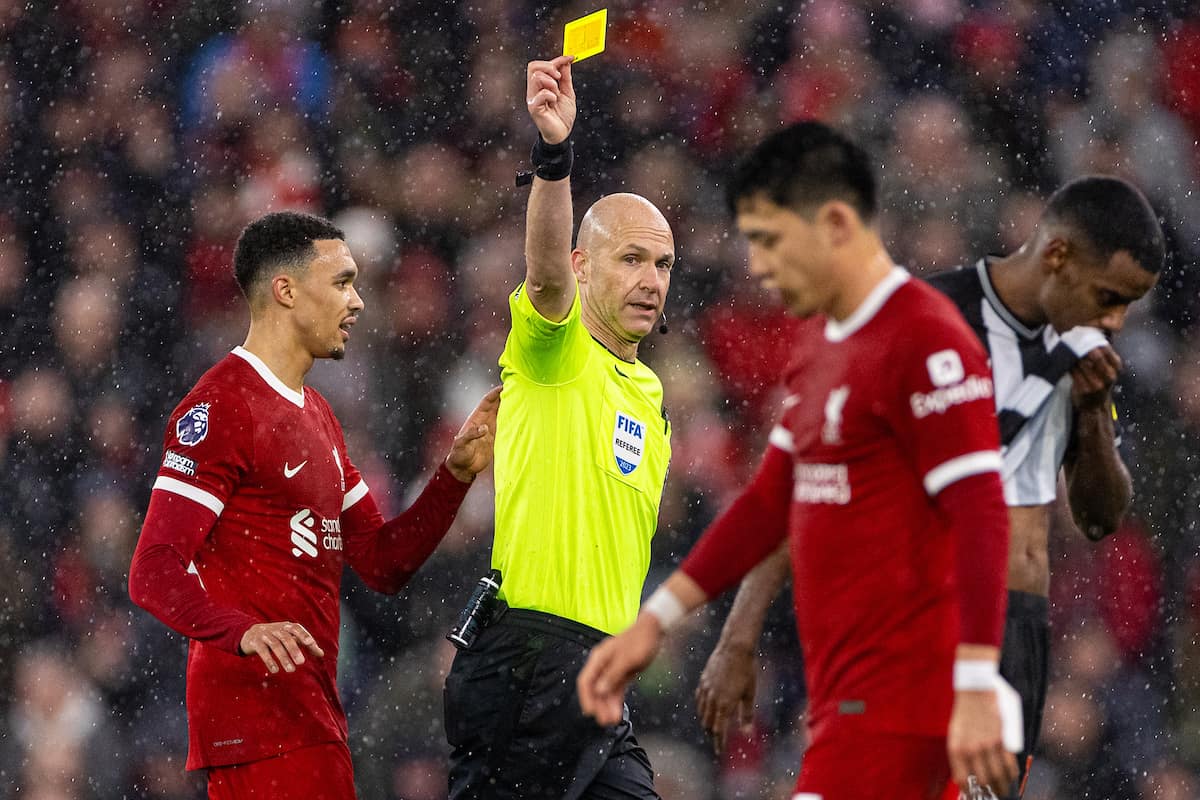  Liverpool's Wataru End? is shown a yellow card by referee Anthony Taylor during the FA Premier League match between Liverpool FC and Newcastle United FC on New Year's Day at Anfield. Liverpool won 4-2. (Photo by David Rawcliffe/Propaganda)