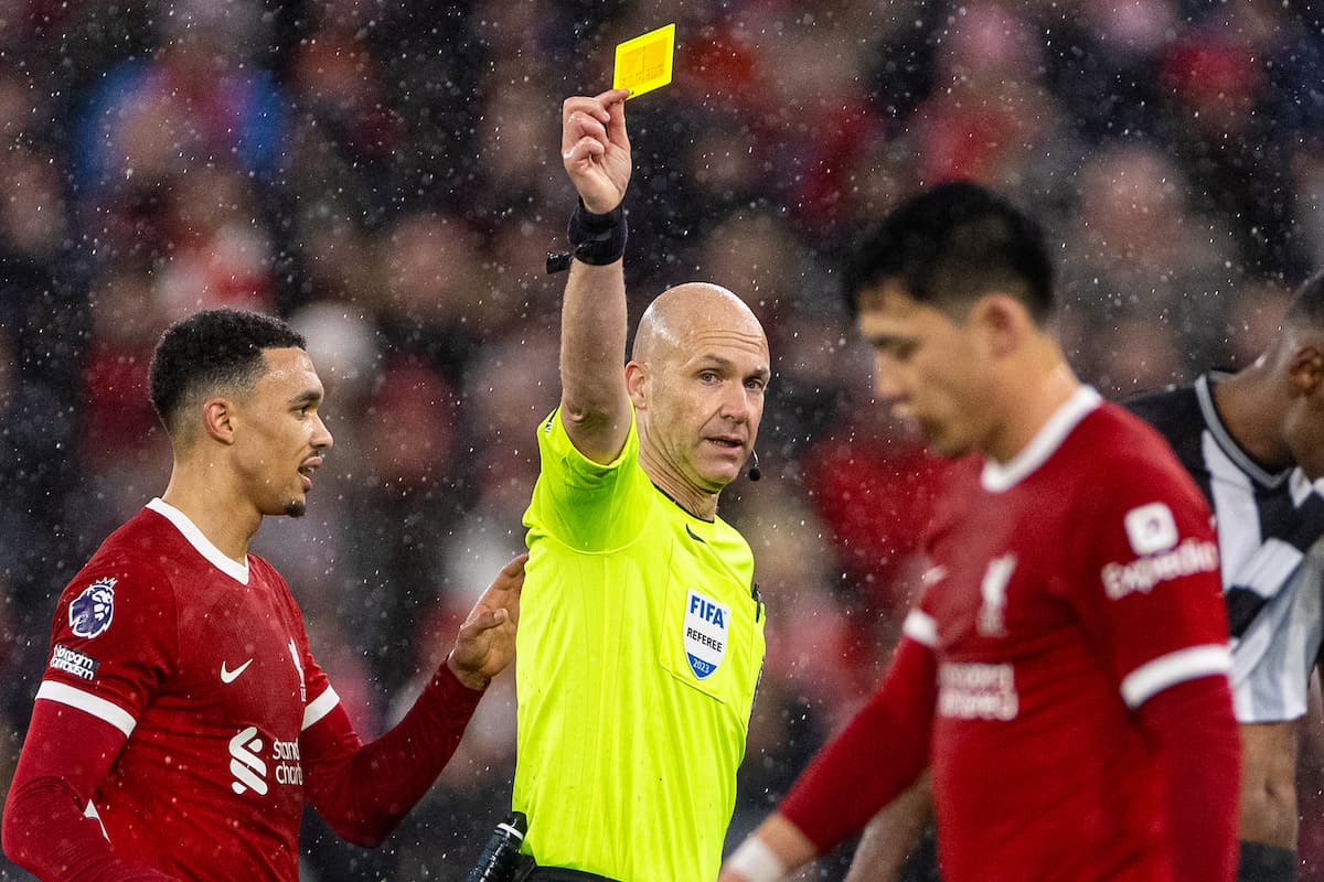  Liverpool's Wataru End? is shown a yellow card by referee Anthony Taylor during the FA Premier League match between Liverpool FC and Newcastle United FC on New Year's Day at Anfield. Liverpool won 4-2. (Photo by David Rawcliffe/Propaganda)