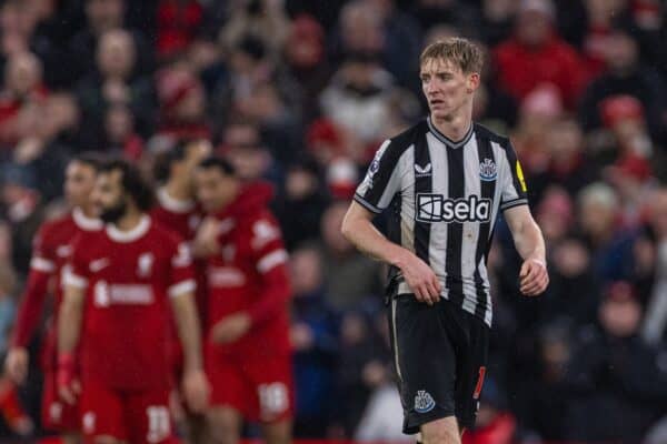 LIVERPOOL, ENGLAND - Monday, January 1, 2024: Newcastle United's Anthony Gordon looks dejected during the FA Premier League match between Liverpool FC and Newcastle United FC on New Year's Day at Anfield. Liverpool won 4-2. (Photo by David Rawcliffe/Propaganda)