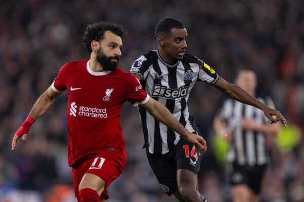 LIVERPOOL, ENGLAND - Monday, January 1, 2024: Newcastle United's Alexander Isak (R) and Liverpool's Mohamed Salah during the FA Premier League match between Liverpool FC and Newcastle United FC on New Year's Day at Anfield. Liverpool won 4-2. (Photo by David Rawcliffe/Propaganda)