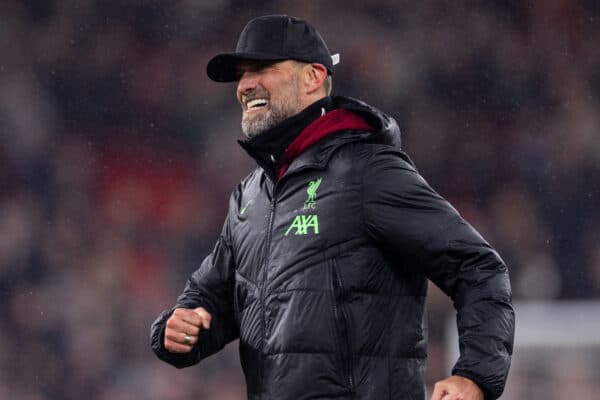 LIVERPOOL, ENGLAND - Monday, January 1, 2024: Liverpool's manager Jürgen Klopp celebrates after the FA Premier League match between Liverpool FC and Newcastle United FC on New Year's Day at Anfield. Liverpool won 4-2. (Photo by David Rawcliffe/Propaganda)