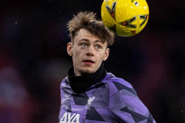 LONDON, ENGLAND - Sunday, January 7, 2024: Liverpool's Connor Bradley during the pre-match warm-up before the FA Cup 3rd Round match between Arsenal FC and Liverpool FC at the Emirates Stadium. Liverpool won 2-0. (Photo by David Rawcliffe/Propaganda)