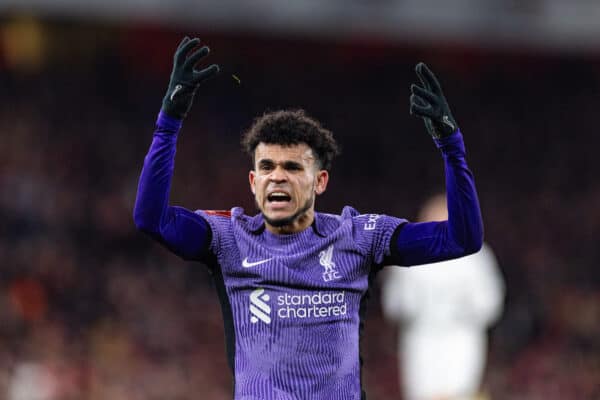 LONDON, ENGLAND – Sonntag, 7. Januar 2024: Liverpools Luis Díaz während des Spiels der 3. Runde des FA Cup zwischen Arsenal FC und Liverpool FC im Emirates Stadium.  Liverpool gewann 2:0.  (Foto von David Rawcliffe/Propaganda)