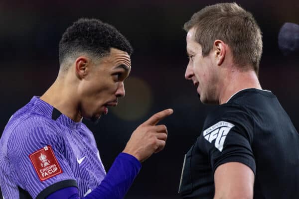 LONDON, ENGLAND - Sunday, January 7, 2024: Liverpool's Trent Alexander-Arnold speaks with referee John Brooks during the FA Cup 3rd Round match between Arsenal FC and Liverpool FC at the Emirates Stadium. Liverpool won 2-0. (Photo by David Rawcliffe/Propaganda)