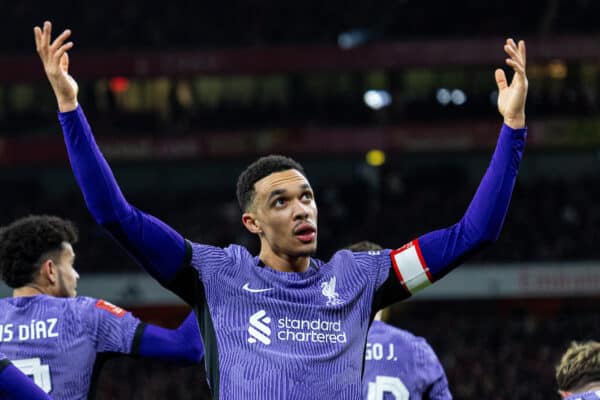  Liverpool's Trent Alexander-Arnold celebrates his side's opening goal during the FA Cup 3rd Round match between Arsenal FC and Liverpool FC at the Emirates Stadium. Liverpool won 2-0. (Photo by David Rawcliffe/Propaganda)