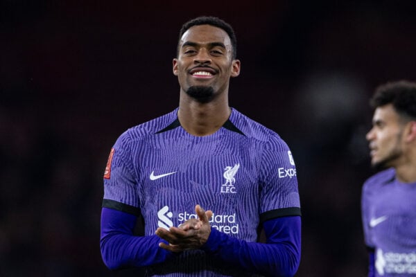 LONDON, ENGLAND - Sunday, January 7, 2024: Liverpool's Ryan Gravenberch celebrates after the FA Cup 3rd Round match between Arsenal FC and Liverpool FC at the Emirates Stadium. Liverpool won 2-0. (Photo by David Rawcliffe/Propaganda)