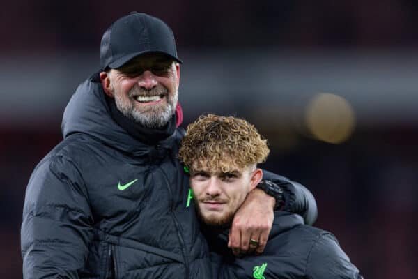 LONDON, ENGLAND - Sunday, January 7, 2024: Liverpool's manager Jürgen Klopp (L) and Harvey Elliott celebrate after the FA Cup 3rd Round match between Arsenal FC and Liverpool FC at the Emirates Stadium. Liverpool won 2-0. (Photo by David Rawcliffe/Propaganda)