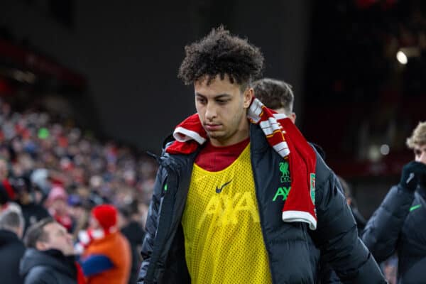 LIVERPOOL, ENGLAND - Wednesday, January 10, 2024: Liverpool's substitute Kaide Gordon before the Football League Cup Semi-Final 1st Leg match between Liverpool FC and Fulham FC at Anfield. (Photo by David Rawcliffe/Propaganda)