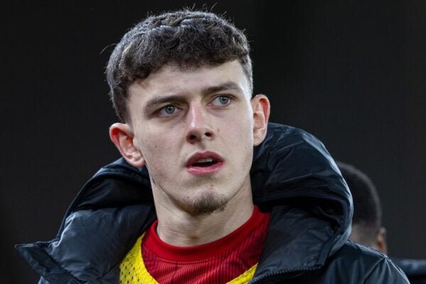 LIVERPOOL, ENGLAND - Wednesday, January 10, 2024: Liverpool's substitute Owen Beck before the Football League Cup Semi-Final 1st Leg match between Liverpool FC and Fulham FC at Anfield. (Photo by David Rawcliffe/Propaganda)