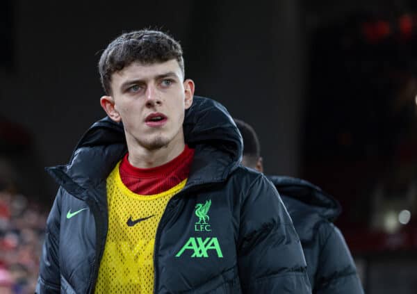 LIVERPOOL, ENGLAND - Wednesday, January 10, 2024: Liverpool's substitute Owen Beck before the Football League Cup Semi-Final 1st Leg match between Liverpool FC and Fulham FC at Anfield. (Photo by David Rawcliffe/Propaganda)