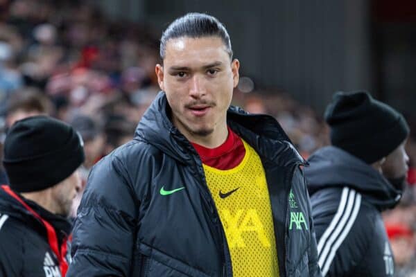 LIVERPOOL, ENGLAND - Wednesday, January 10, 2024: Liverpool's substitute Darwin Núñez before the Football League Cup Semi-Final 1st Leg match between Liverpool FC and Fulham FC at Anfield. (Photo by David Rawcliffe/Propaganda)