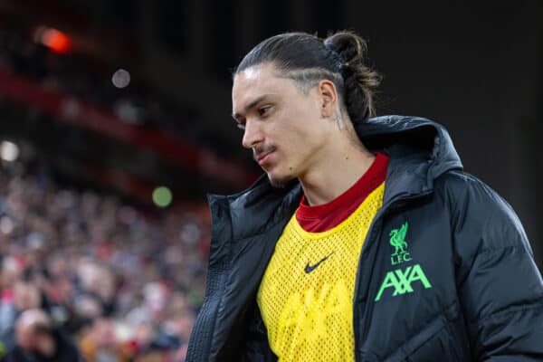 LIVERPOOL, ENGLAND - Wednesday, January 10, 2024: Liverpool's substitute Darwin Núñez before the Football League Cup Semi-Final 1st Leg match between Liverpool FC and Fulham FC at Anfield. (Photo by David Rawcliffe/Propaganda)