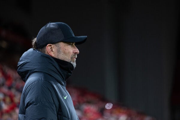 LIVERPOOL, ENGLAND - Wednesday, January 10, 2024: Liverpool's manager Jürgen Klopp before the Football League Cup Semi-Final 1st Leg match between Liverpool FC and Fulham FC at Anfield. (Photo by David Rawcliffe/Propaganda)