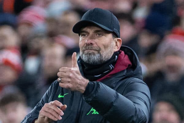 LIVERPOOL, ENGLAND - Wednesday, January 10, 2024: Liverpool's manager Jürgen Klopp during the Football League Cup Semi-Final 1st Leg match between Liverpool FC and Fulham FC at Anfield. Liverpool won 2-1. (Photo by David Rawcliffe/Propaganda)