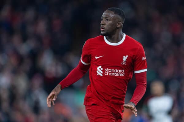 LIVERPOOL, ENGLAND - Wednesday, January 10, 2024: Liverpool's Ibrahima Konaté during the Football League Cup Semi-Final 1st Leg match between Liverpool FC and Fulham FC at Anfield. Liverpool won 2-1. (Photo by David Rawcliffe/Propaganda)