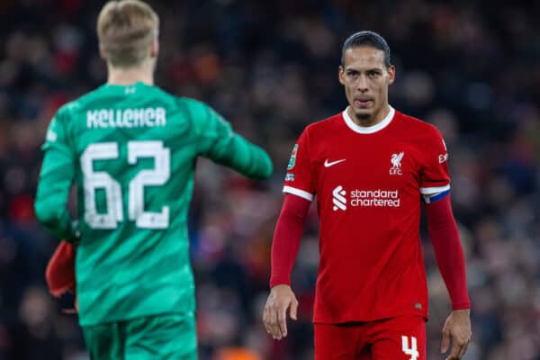 LIVERPOOL, ENGLAND - Wednesday, January 10, 2024: Liverpool's captain Virgil van Dijk after the Football League Cup Semi-Final 1st Leg match between Liverpool FC and Fulham FC at Anfield. Liverpool won 2-1. (Photo by David Rawcliffe/Propaganda)