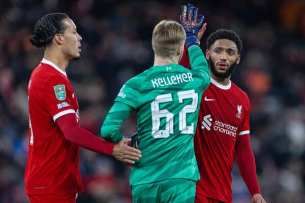 LIVERPOOL, ENGLAND - Wednesday, January 10, 2024: Liverpool's Joe Gomez (R) and goalkeeper Caoimhin Kelleher after during the Football League Cup Semi-Final 1st Leg match between Liverpool FC and Fulham FC at Anfield. Liverpool won 2-1. (Photo by David Rawcliffe/Propaganda)