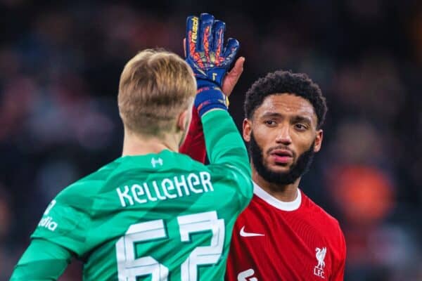 LIVERPOOL, ENGLAND - Wednesday, January 10, 2024: Liverpool's Joe Gomez (R) and goalkeeper Caoimhin Kelleher after during the Football League Cup Semi-Final 1st Leg match between Liverpool FC and Fulham FC at Anfield. Liverpool won 2-1. (Photo by David Rawcliffe/Propaganda)