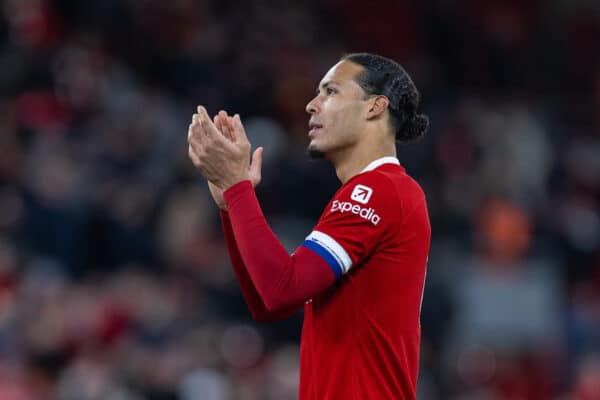 LIVERPOOL, ENGLAND - Wednesday, January 10, 2024: Liverpool's captain Virgil van Dijk applauds the supporters after the Football League Cup Semi-Final 1st Leg match between Liverpool FC and Fulham FC at Anfield. Liverpool won 2-1. (Photo by David Rawcliffe/Propaganda)