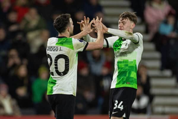 BOURNEMOUTH, ENGLAND - Sunday, January 21, 2024: Liverpool's Diogo Jota celebrates with team-mate Conor Bradley (R) after scoring the second goal during the FA Premier League match between AFC Bournemouth and Liverpool FC at Dean Court. (Photo by David Rawcliffe/Propaganda)