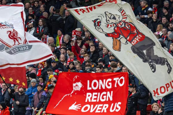 LIVERPOOL, ENGLAND - Sunday, January 28, 2024: Liverpool supporters' banner for manager Jürgen Klopp "Long To Reign Over Us" during the FA Cup 4th Round match between Liverpool FC and Norwich City FC at Anfield. Liverpool won 5-2. (Photo by David Rawcliffe/Propaganda)