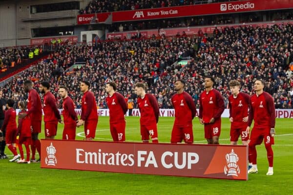 LIVERPOOL, ENGLAND - Sunday, January 28, 2024: Liverpool players line-up before the FA Cup 4th Round match between Liverpool FC and Norwich City FC at Anfield. Liverpool won 5-2. (Photo by David Rawcliffe/Propaganda)