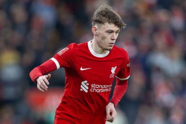 LIVERPOOL, ENGLAND - Sunday, January 28, 2024: Liverpool's Conor Bradley during the FA Cup 4th Round match between Liverpool FC and Norwich City FC at Anfield. Liverpool won 5-2. (Photo by David Rawcliffe/Propaganda)