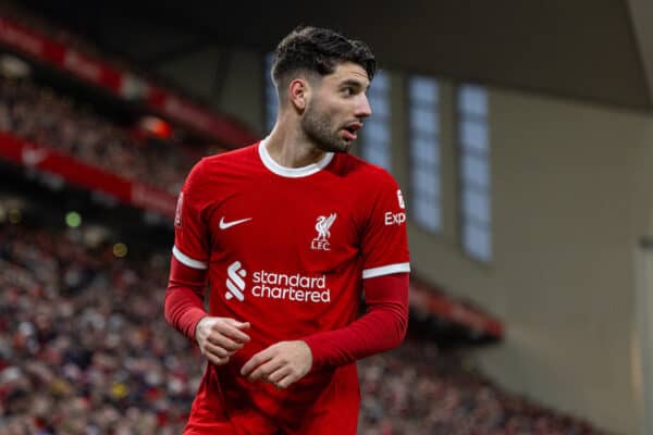 LIVERPOOL, ENGLAND - Sunday, January 28, 2024: Liverpool's Dominik Szoboszlai during the FA Cup 4th Round match between Liverpool FC and Norwich City FC at Anfield. Liverpool won 5-2. (Photo by David Rawcliffe/Propaganda)