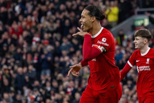LIVERPOOL, ENGLAND - Sunday, January 28, 2024: Liverpool's captain Virgil van Dijk celebrates after scoring the fourth goal during the FA Cup 4th Round match between Liverpool FC and Norwich City FC at Anfield. Liverpool won 5-2. (Photo by David Rawcliffe/Propaganda)