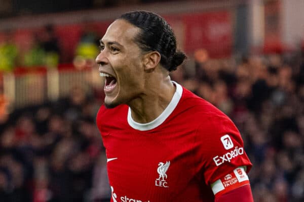 LIVERPOOL, ENGLAND - Sunday, January 28, 2024: Liverpool's captain Virgil van Dijk celebrates after scoring the fourth goal during the FA Cup 4th Round match between Liverpool FC and Norwich City FC at Anfield. Liverpool won 5-2. (Photo by David Rawcliffe/Propaganda)