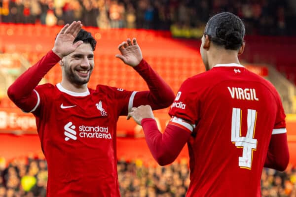 LIVERPOOL, ENGLAND - Sunday, January 28, 2024: Liverpool's captain Virgil van Dijk (R) celebrates after scoring the fourth goal with team-mate Dominik Szoboszlai during the FA Cup 4th Round match between Liverpool FC and Norwich City FC at Anfield. Liverpool won 5-2. (Photo by David Rawcliffe/Propaganda)