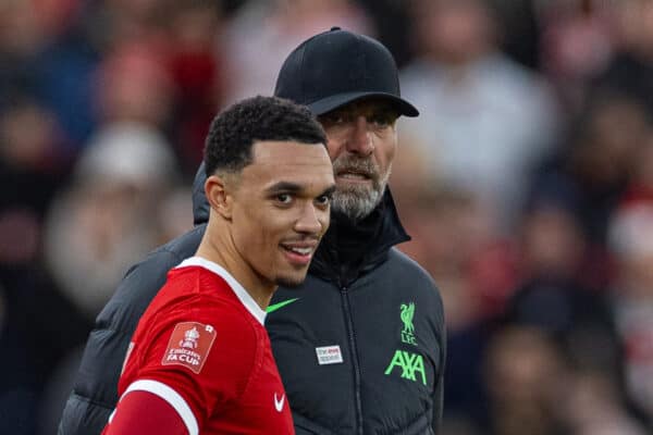 LIVERPOOL, ENGLAND - Sunday, January 28, 2024: Liverpool's manager Jürgen Klopp prepares to bring on Trent Alexander-Arnold during the FA Cup 4th Round match between Liverpool FC and Norwich City FC at Anfield. Liverpool won 5-2. (Photo by David Rawcliffe/Propaganda)