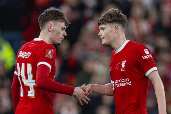 LIVERPOOL, ENGLAND - Sunday, January 28, 2024: Liverpool's Conor Bradley (L) and James McConnell during the FA Cup 4th Round match between Liverpool FC and Norwich City FC at Anfield. Liverpool won 5-2. (Photo by David Rawcliffe/Propaganda)