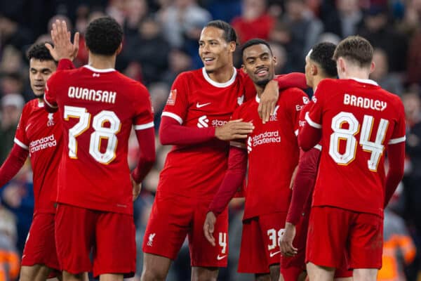 LIVERPOOL, ENGLAND - Sunday, January 28, 2024: Liverpool's Ryan Gravenberch (3rd from R) celebrates with team-mates after scoring the fifth goal during the FA Cup 4th Round match between Liverpool FC and Norwich City FC at Anfield. Liverpool won 5-2. (Photo by David Rawcliffe/Propaganda)