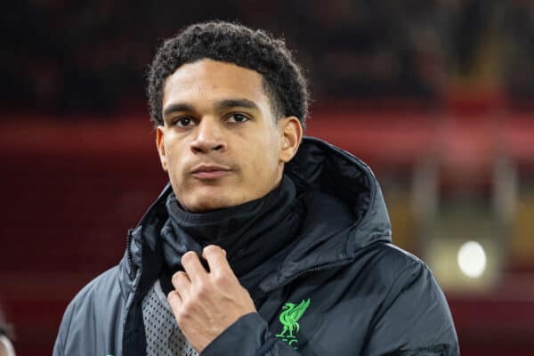 LIVERPOOL, ENGLAND - Wednesday, January 31, 2024: Liverpool's substitute Jarell Quansah before the FA Premier League match between Liverpool FC and Chelsea FC at Anfield. Liverpool won 4-1. (Photo by David Rawcliffe/Propaganda)