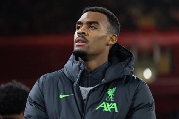 LIVERPOOL, ENGLAND - Wednesday, January 31, 2024: Liverpool's substitute Ryan Gravenberch before the FA Premier League match between Liverpool FC and Chelsea FC at Anfield. Liverpool won 4-1. (Photo by David Rawcliffe/Propaganda)