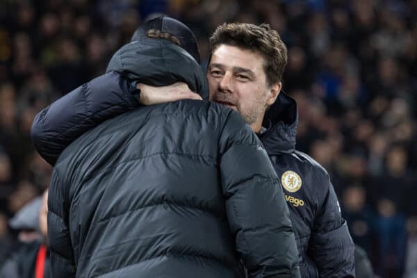 LIVERPOOL, ENGLAND - Wednesday, January 31, 2024: Chelsea's manager Mauricio Pochettino (R) embraces Liverpool's manager Jürgen Klopp before the FA Premier League match between Liverpool FC and Chelsea FC at Anfield. Liverpool won 4-1. (Photo by David Rawcliffe/Propaganda)