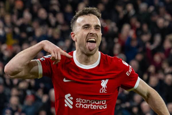 LIVERPOOL, ENGLAND - Wednesday, January 31, 2024: Liverpool's Diogo Jota celebrates after scoring the opening goal during the FA Premier League match between Liverpool FC and Chelsea FC at Anfield. Liverpool won 4-1. (Photo by David Rawcliffe/Propaganda)