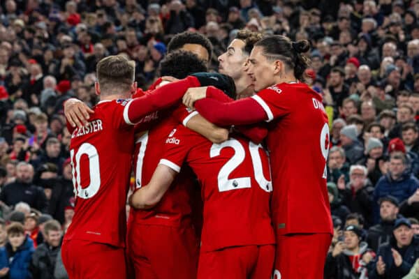 LIVERPOOL, ENGLAND - Wednesday, January 31, 2024: Liverpool's Diogo Jota celebrates with team-mates after scoring the opening goal during the FA Premier League match between Liverpool FC and Chelsea FC at Anfield. Liverpool won 4-1. (Photo by David Rawcliffe/Propaganda)