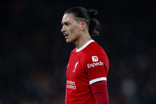 LIVERPOOL, ENGLAND - Wednesday, January 31, 2024: Liverpool's Darwin Núñez during the FA Premier League match between Liverpool FC and Chelsea FC at Anfield. Liverpool won 4-1. (Photo by David Rawcliffe/Propaganda)