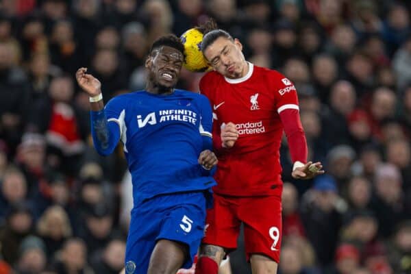 LIVERPOOL, ENGLAND - Wednesday, January 31, 2024: Chelsea's Benoît Badiashile (L) challenges for a header with Liverpool's Darwin Núñez during the FA Premier League match between Liverpool FC and Chelsea FC at Anfield. Liverpool won 4-1. (Photo by David Rawcliffe/Propaganda)