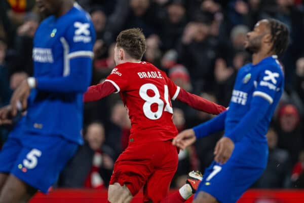 LIVERPOOL, ENGLAND - Wednesday, January 31, 2024: Liverpool's Conor Bradley celebrates after scoring the second goal, his first for the club, during the FA Premier League match between Liverpool FC and Chelsea FC at Anfield. Liverpool won 4-1. (Photo by David Rawcliffe/Propaganda)