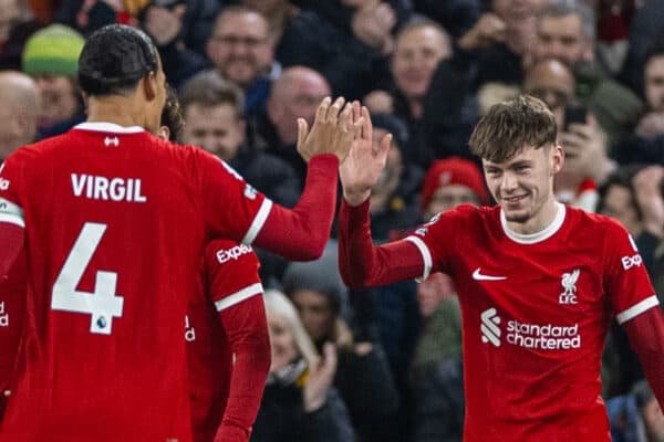 LIVERPOOL, ENGLAND - Wednesday, January 31, 2024: Liverpool's Conor Bradley celebrates after assisting the third goal during the FA Premier League match between Liverpool FC and Chelsea FC at Anfield. Liverpool won 4-1. (Photo by David Rawcliffe/Propaganda)