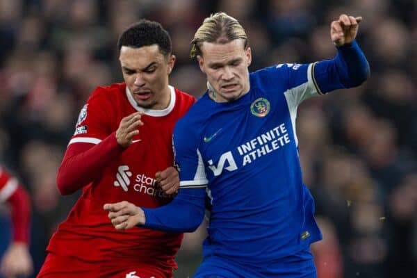 LIVERPOOL, ENGLAND - Wednesday, January 31, 2024: Liverpool's Trent Alexander-Arnold (L) challenges Chelsea's Mykhailo Mudryk during the FA Premier League match between Liverpool FC and Chelsea FC at Anfield. Liverpool won 4-1. (Photo by David Rawcliffe/Propaganda)