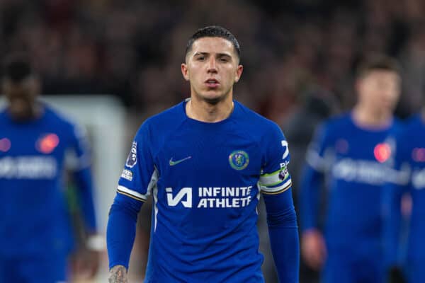 LIVERPOOL, ENGLAND - Wednesday, January 31, 2024: Chelsea's Enzo Fernández looks dejected after the FA Premier League match between Liverpool FC and Chelsea FC at Anfield. Liverpool won 4-1. (Photo by David Rawcliffe/Propaganda)