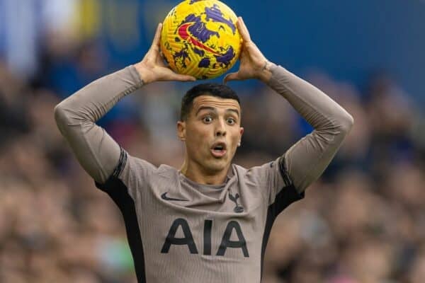 LIVERPOOL, ENGLAND - Saturday, February 3, 2024: Tottenham Hotspur's Pedro Porro takes a throw-in during the FA Premier League match between Everton FC and Tottenham Hotspur FC at Goodison Park. The game ended in a 2-2 draw. (Photo by David Rawcliffe/Propaganda)