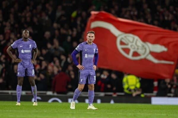 LONDON, ENGLAND - Sunday, February 4, 2024: Liverpool's Alexis Mac Allister looks dejected as Arsenal score the second goal during the FA Premier League match between Arsenal FC and Liverpool FC at the Emirates Stadium. Arsenal won 3-1. (Photo by David Rawcliffe/Propaganda)